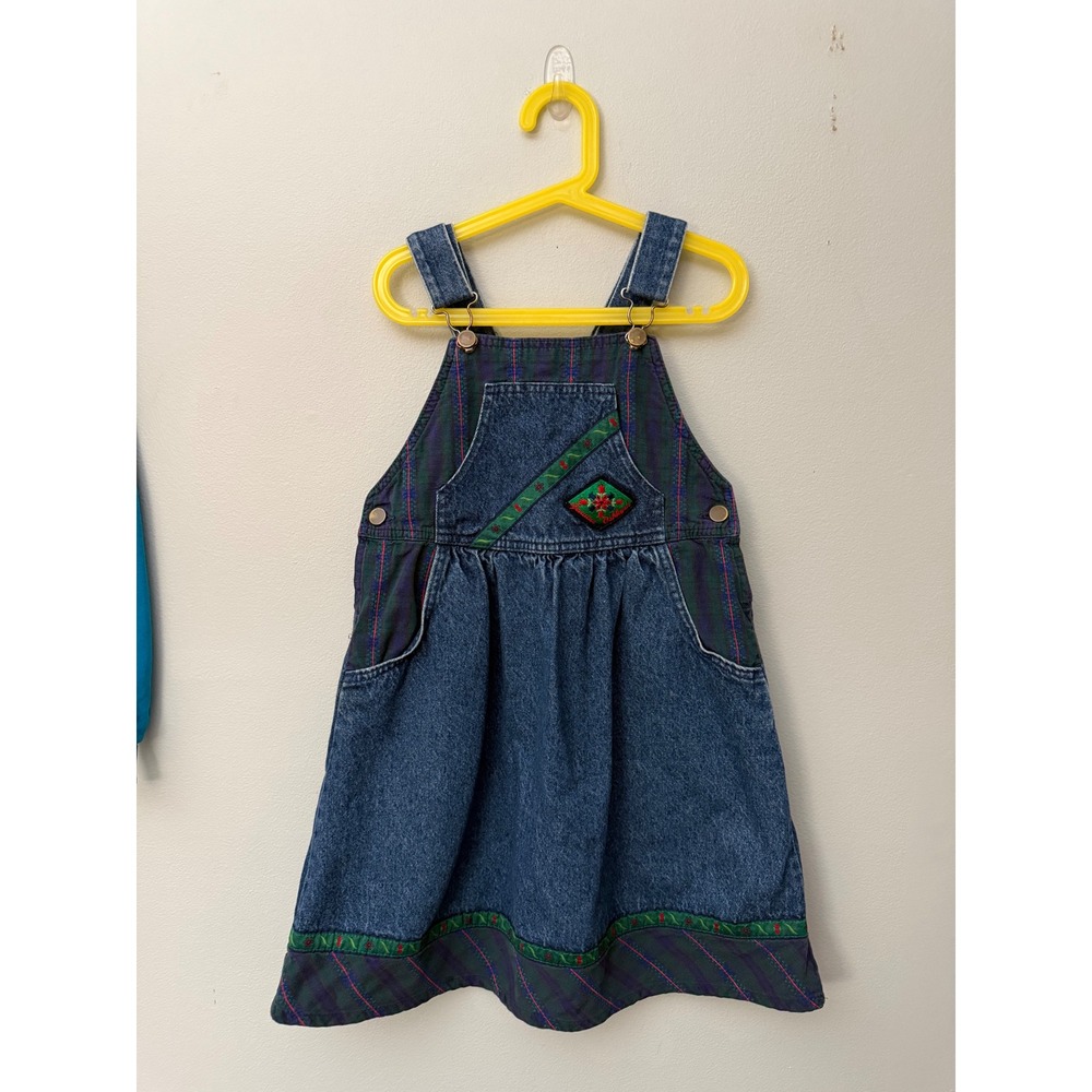 Vintage Girls OshKosh B'Gosh Denim Overall Dress Sz 12 Plaid Scandi Flowers USA